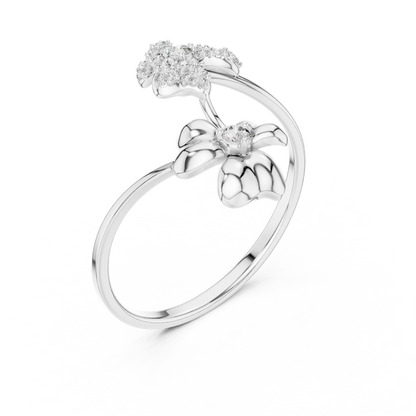 Adjustable Floral Diamond Ring – Two Flower Open Silver Band – Women’s Everyday Stacking Jewelry