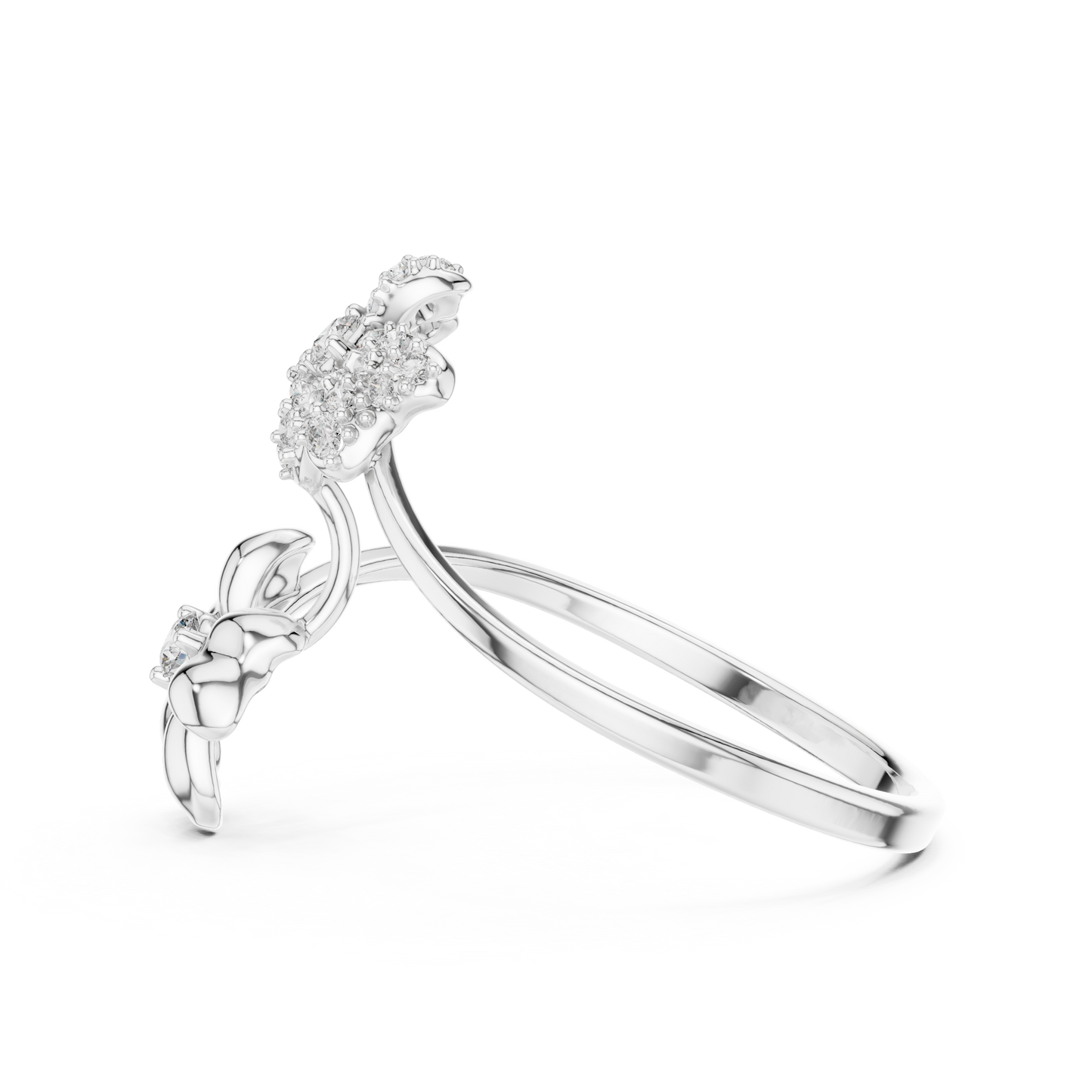 Adjustable Floral Diamond Ring – Two Flower Open Silver Band – Women’s Everyday Stacking Jewelry
