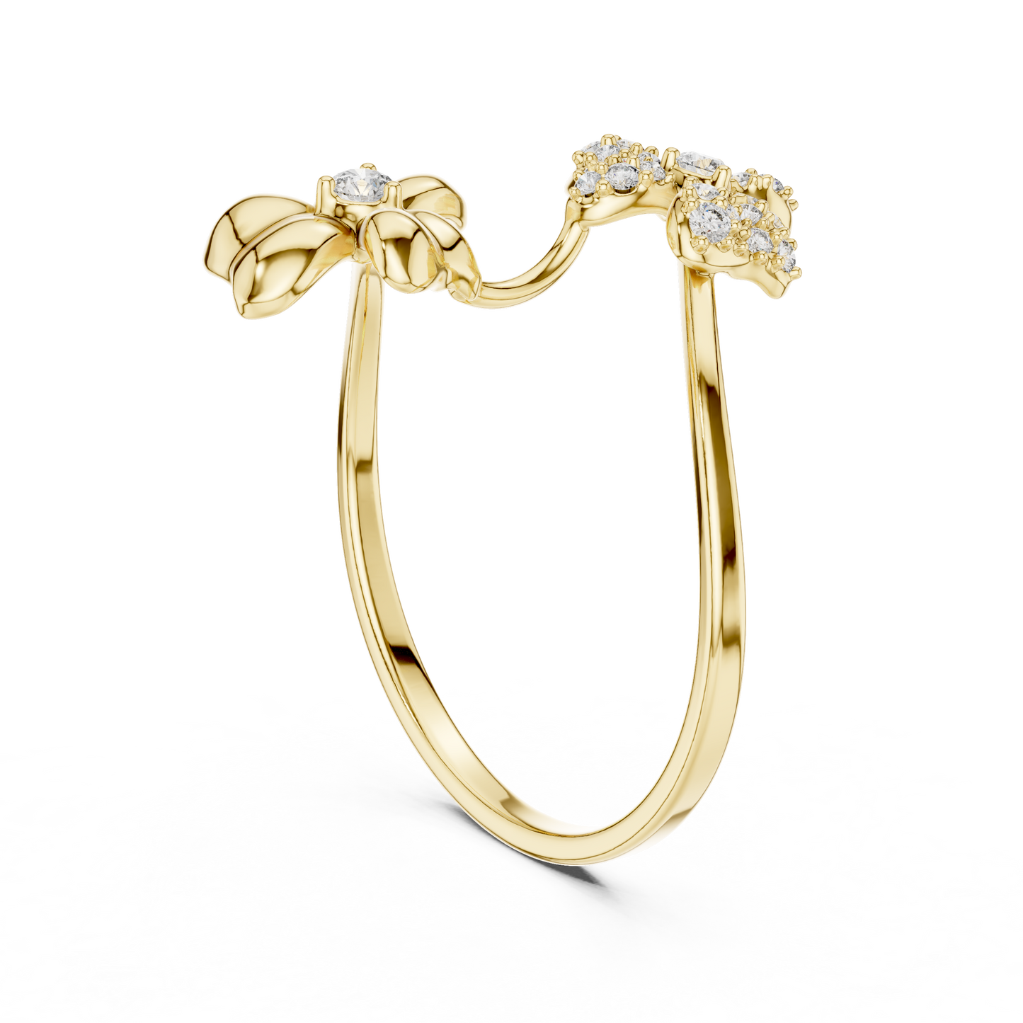 Adjustable Floral Diamond Ring – Two Flower Open Silver Band – Women’s Everyday Stacking Jewelry