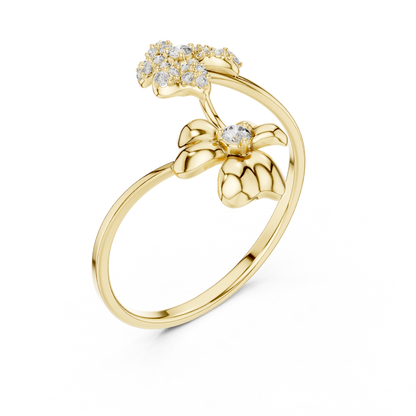 Adjustable Floral Diamond Ring – Two Flower Open Silver Band – Women’s Everyday Stacking Jewelry
