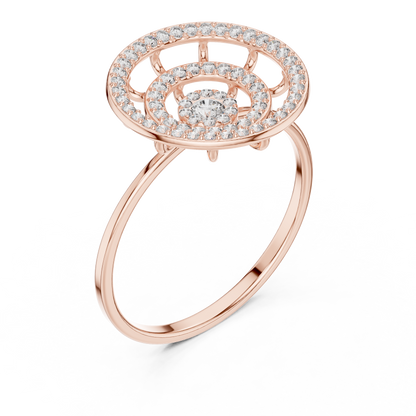 Triple Halo Diamond Ring With Floating Circles In Yellow Rose White Gold - Modern Triple Circle Diamond Ring With Floating Halo Design In Premium Gold