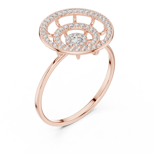 Triple Halo Diamond Ring With Floating Circles In Yellow Rose White Gold - Modern Triple Circle Diamond Ring With Floating Halo Design In Premium Gold