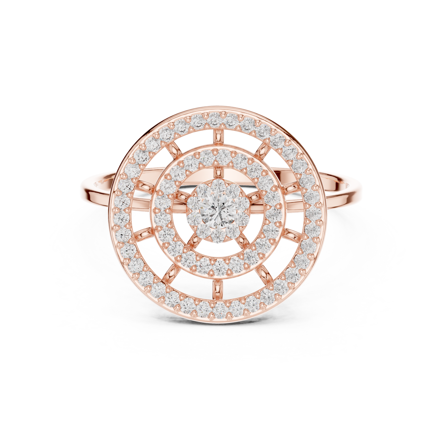 Triple Halo Diamond Ring With Floating Circles In Yellow Rose White Gold - Modern Triple Circle Diamond Ring With Floating Halo Design In Premium Gold