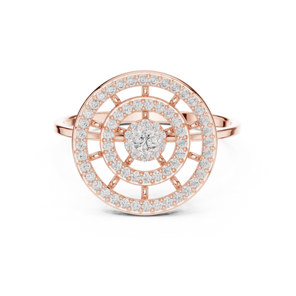 Triple Halo Diamond Ring With Floating Circles In Yellow Rose White Gold - Modern Triple Circle Diamond Ring With Floating Halo Design In Premium Gold