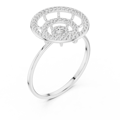 Triple Halo Diamond Ring With Floating Circles In Yellow Rose White Gold - Modern Triple Circle Diamond Ring With Floating Halo Design In Premium Gold