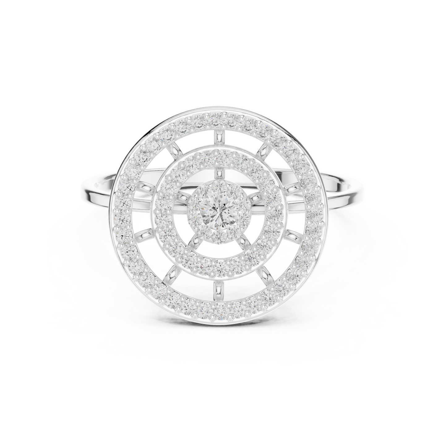 Triple Halo Diamond Ring With Floating Circles In Yellow Rose White Gold - Modern Triple Circle Diamond Ring With Floating Halo Design In Premium Gold