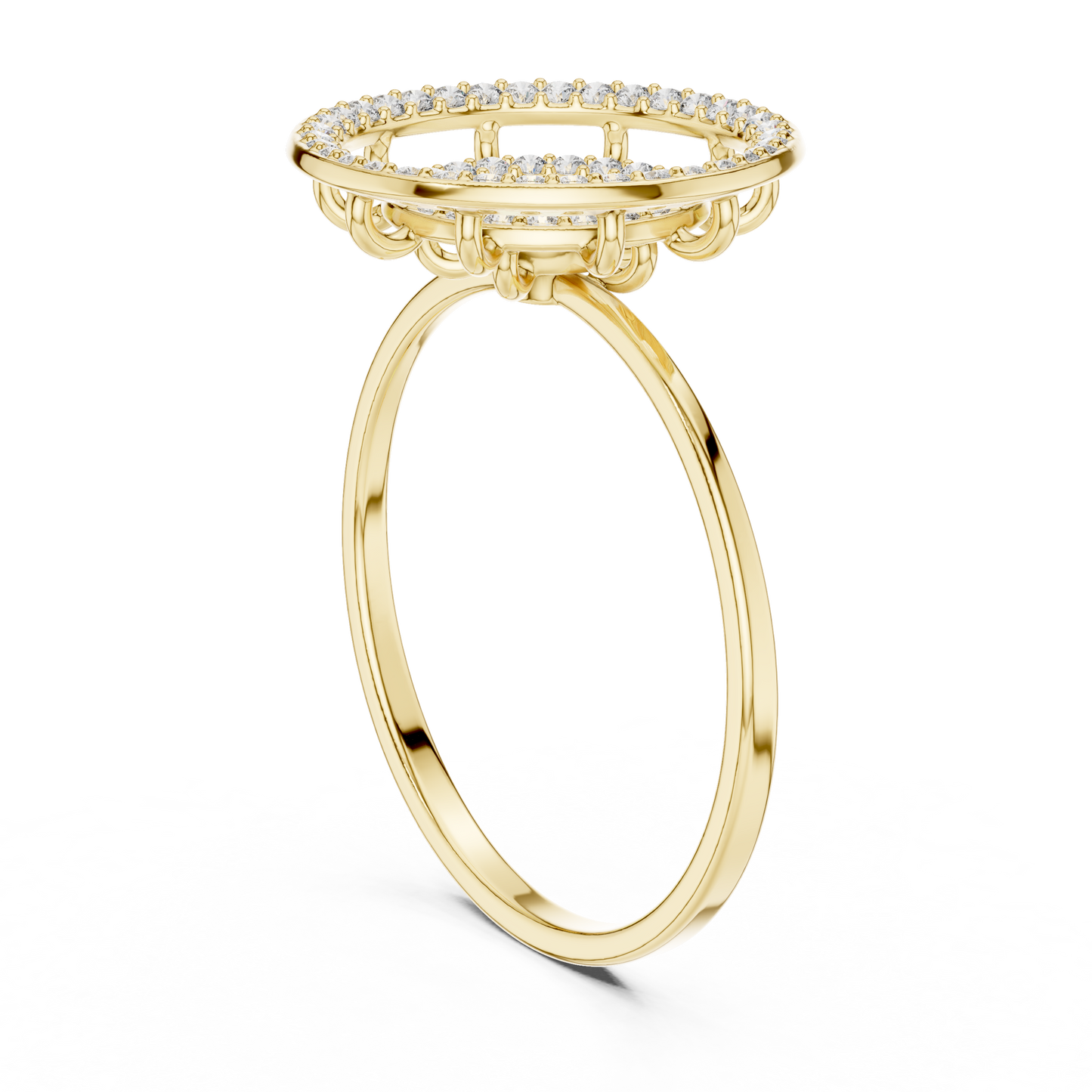 Triple Halo Diamond Ring With Floating Circles In Yellow Rose White Gold - Modern Triple Circle Diamond Ring With Floating Halo Design In Premium Gold