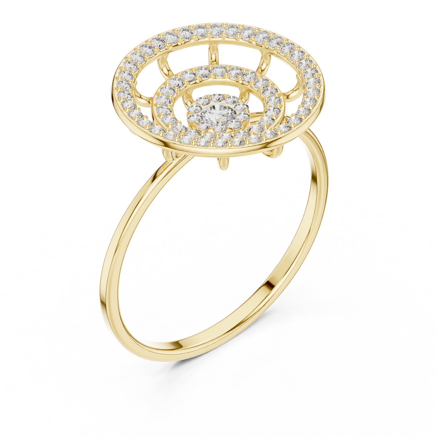 Triple Halo Diamond Ring With Floating Circles In Yellow Rose White Gold - Modern Triple Circle Diamond Ring With Floating Halo Design In Premium Gold