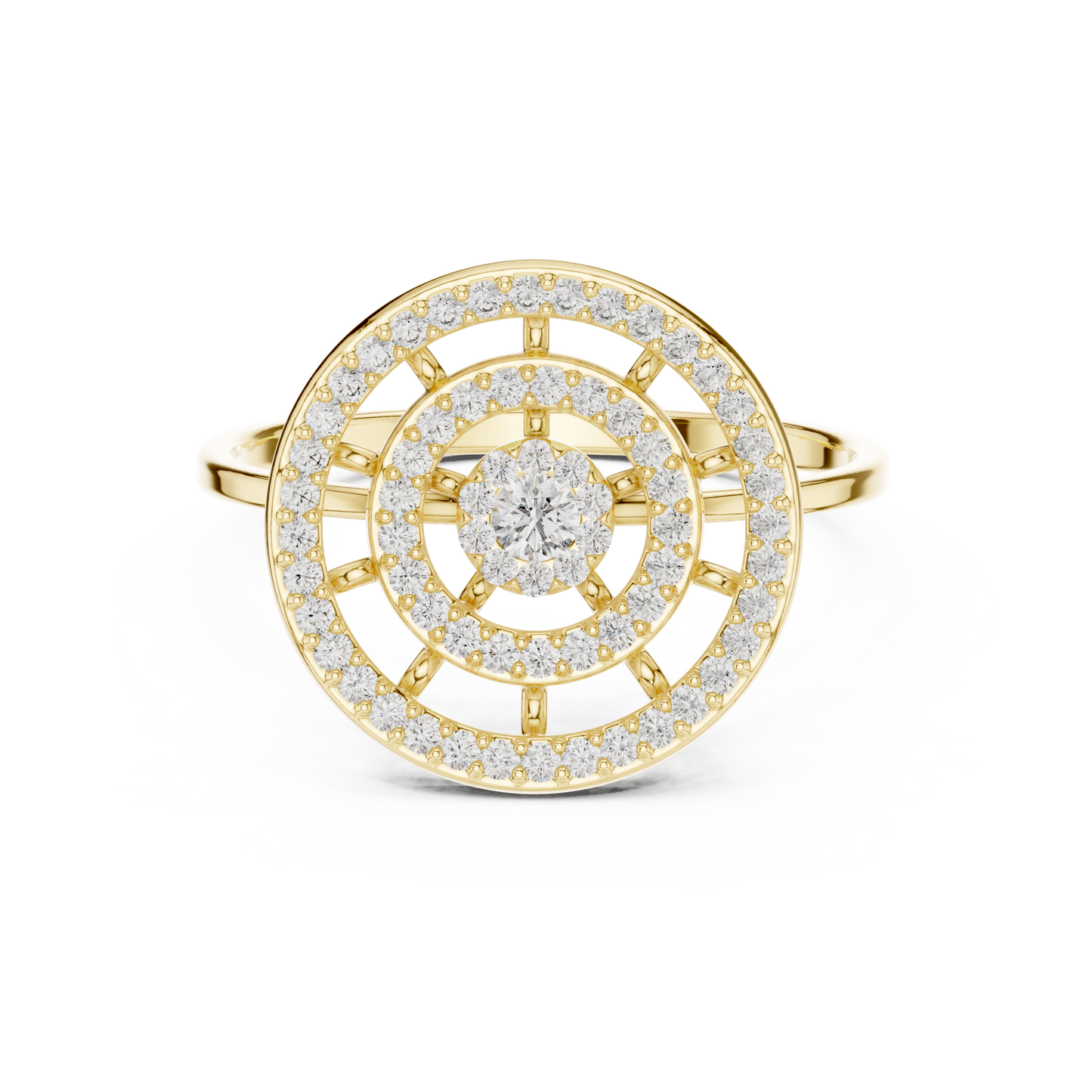 Triple Halo Diamond Ring With Floating Circles In Yellow Rose White Gold - Modern Triple Circle Diamond Ring With Floating Halo Design In Premium Gold