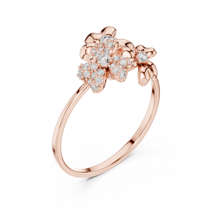 Romantic Floral Diamond Ring - Three Blossom Motif - Mixed Gold Luxury Finish - Exclusive Floral Diamond Ring