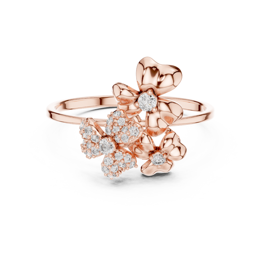 Romantic Floral Diamond Ring - Three Blossom Motif - Mixed Silver Gold Plated Luxury Finish - Exclusive Floral Diamond Ring