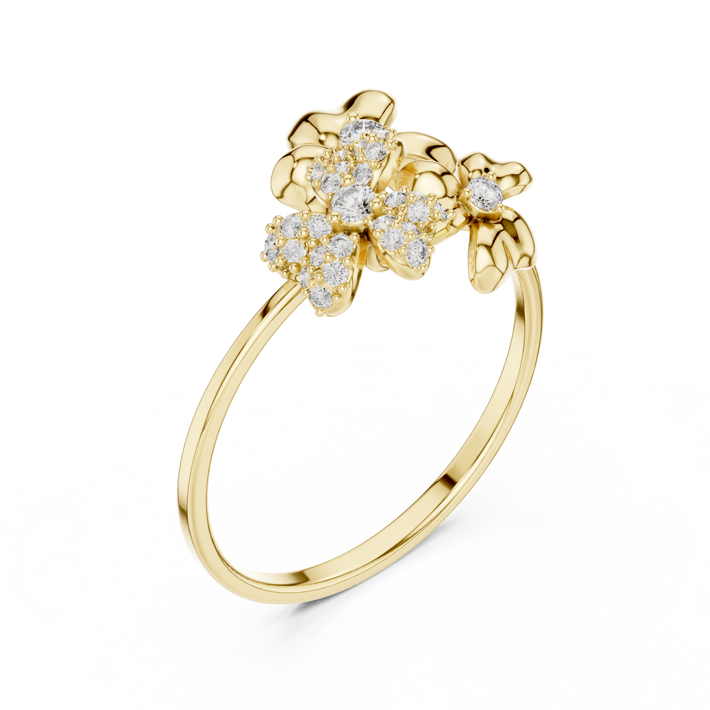 Romantic Floral Diamond Ring - Three Blossom Motif - Mixed Gold Luxury Finish - Exclusive Floral Diamond Ring