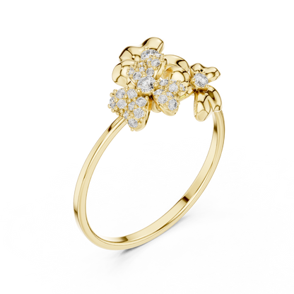 Romantic Floral Diamond Ring - Three Blossom Motif - Mixed Gold Luxury Finish - Exclusive Floral Diamond Ring