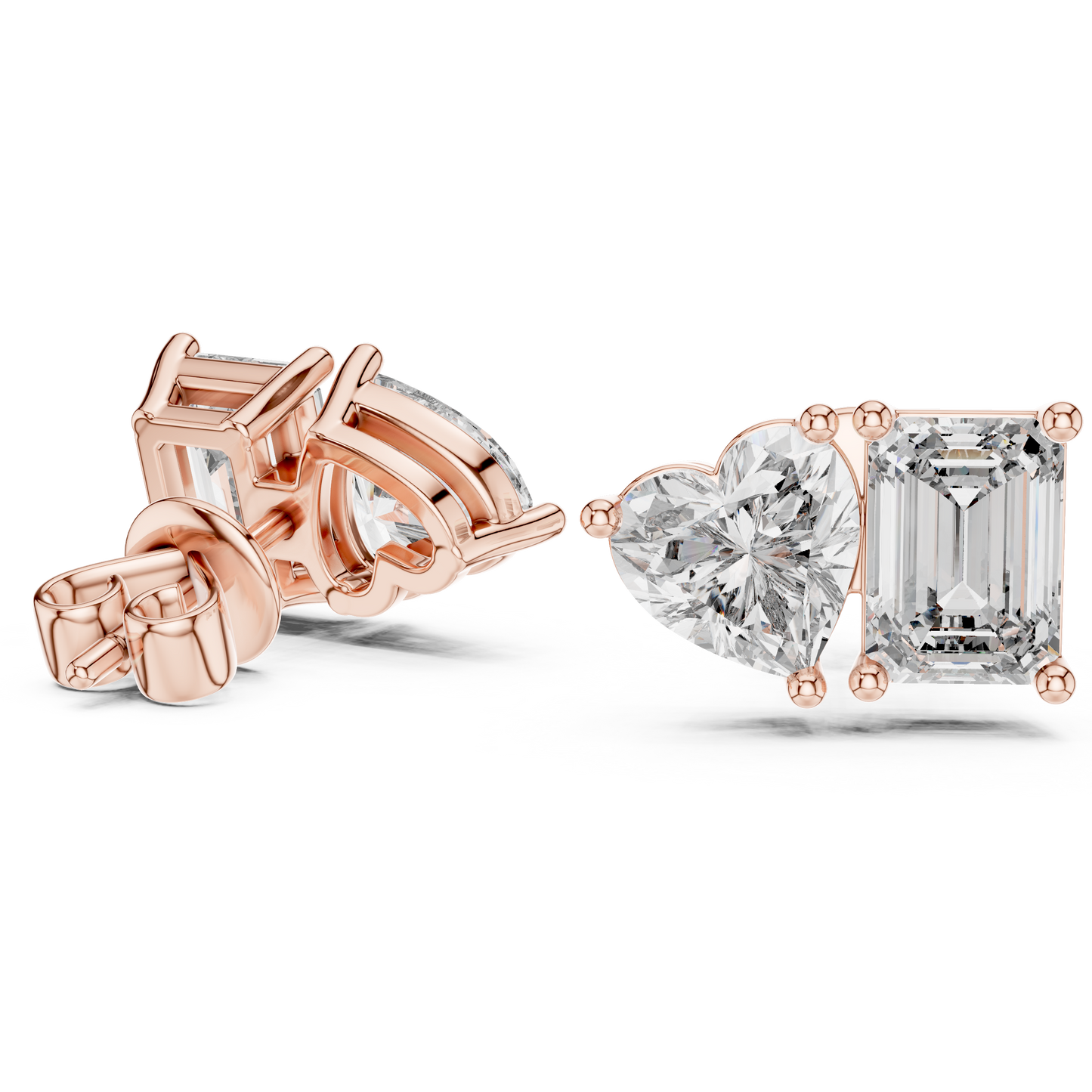 Asymmetrical Diamond Stud Earrings – Heart Shape & Emerald Cut Pair, Trending Minimalist Ear Jewelry