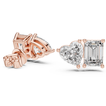 Asymmetrical Diamond Stud Earrings – Heart Shape & Emerald Cut Pair, Trending Minimalist Ear Jewelry