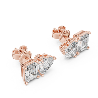 Asymmetrical Diamond Stud Earrings – Heart Shape & Emerald Cut Pair, Trending Minimalist Ear Jewelry