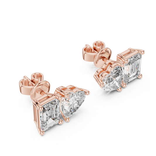 Asymmetrical Diamond Stud Earrings – Heart Shape & Emerald Cut Pair, Trending Minimalist Ear Jewelry