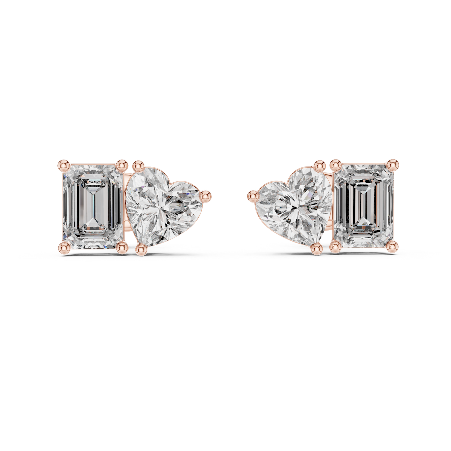 Asymmetrical Diamond Stud Earrings – Heart Shape & Emerald Cut Pair, Trending Minimalist Ear Jewelry