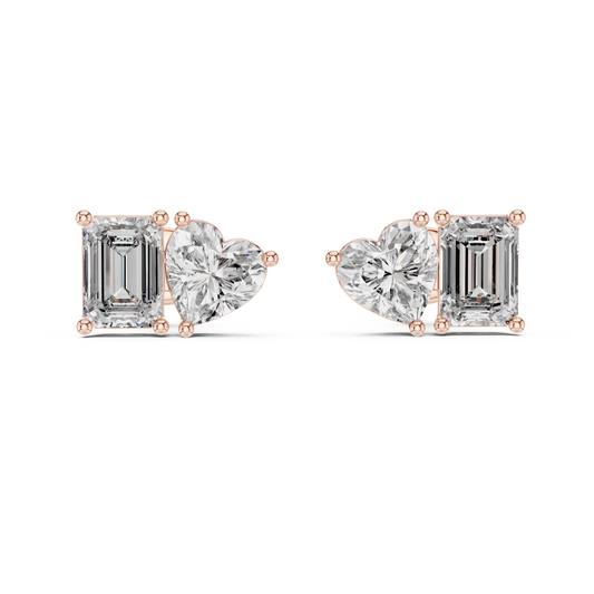 Asymmetrical Diamond Stud Earrings – Heart Shape & Emerald Cut Pair, Trending Minimalist Ear Jewelry