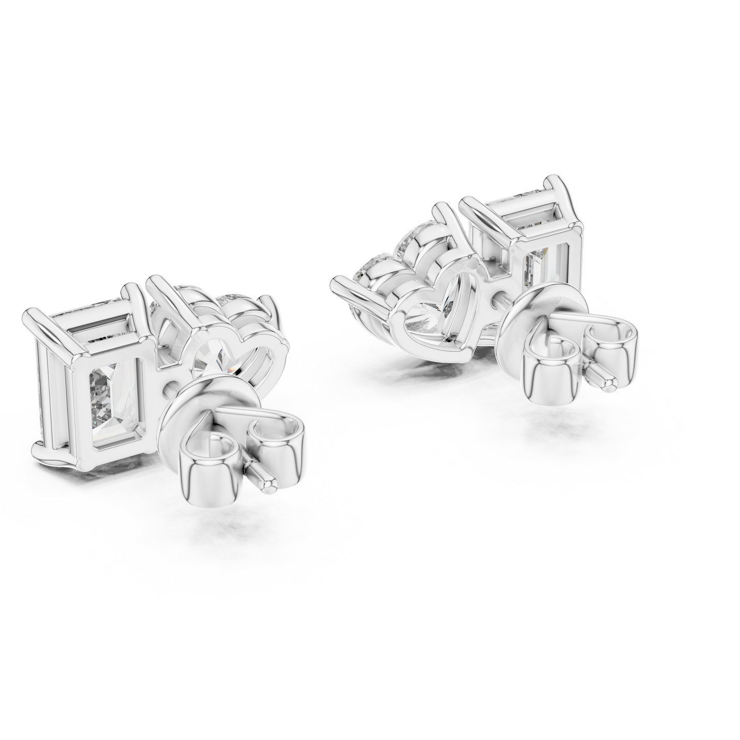 Asymmetrical Diamond Stud Earrings – Heart Shape & Emerald Cut Pair, Trending Minimalist Ear Jewelry