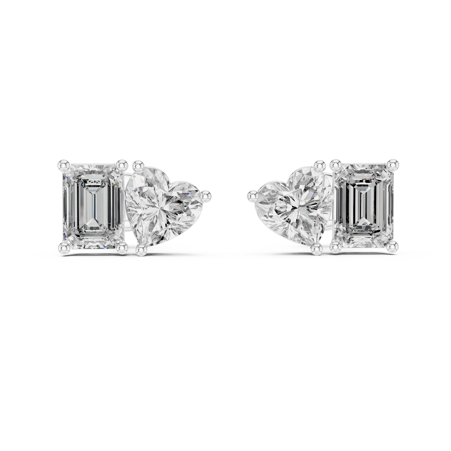 Asymmetrical Diamond Stud Earrings – Heart Shape & Emerald Cut Pair, Trending Minimalist Ear Jewelry