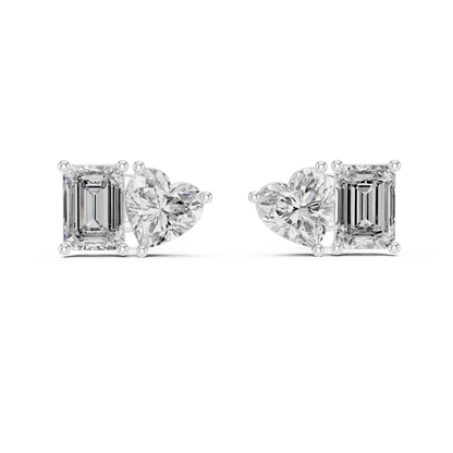 Asymmetrical Diamond Stud Earrings – Heart Shape & Emerald Cut Pair, Trending Minimalist Ear Jewelry