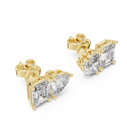 Asymmetrical Diamond Stud Earrings – Heart Shape & Emerald Cut Pair, Trending Minimalist Ear Jewelry