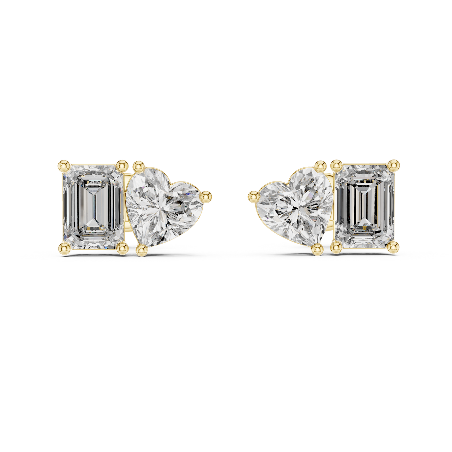 Asymmetrical Diamond Stud Earrings – Heart Shape & Emerald Cut Pair, Trending Minimalist Ear Jewelry