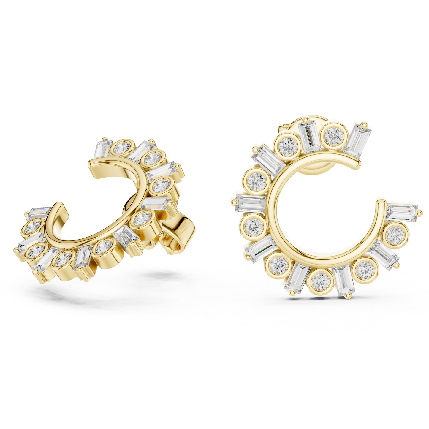 Glimmer Arc Hoop Studs – Fashion Baguette Cluster Jewelry - Baguette & Round Crystal Earrings