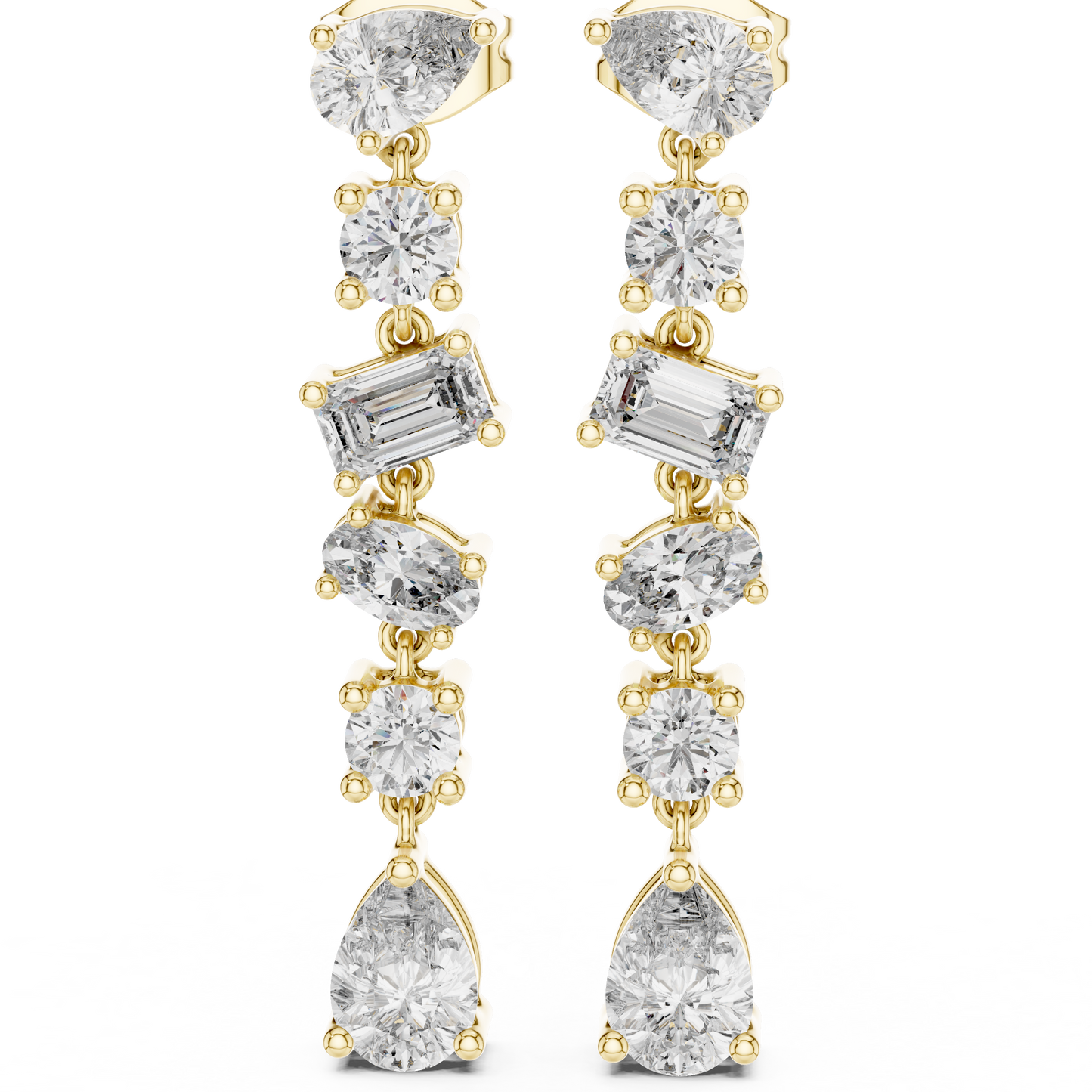 Pear + Emerald + Round Diamond Waterfall Earrings • High-Sparkle Dangling Drops • Wedding Earrings • Elegant Gemstone Dangles