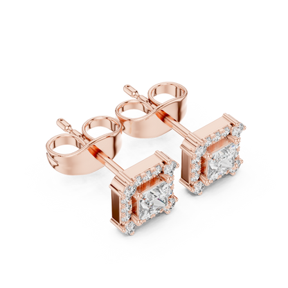 Prism Edge Princess Studs • Double Halo Square Glow • Gold Minimal Elegance