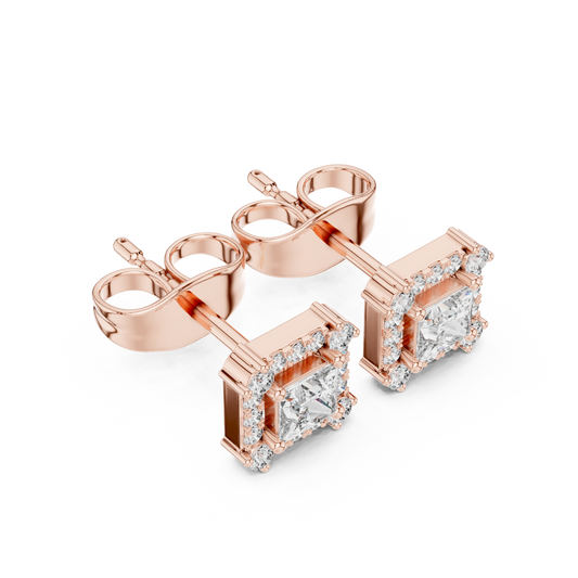 Prism Edge Princess Studs • Double Halo Square Glow • Gold Minimal Elegance