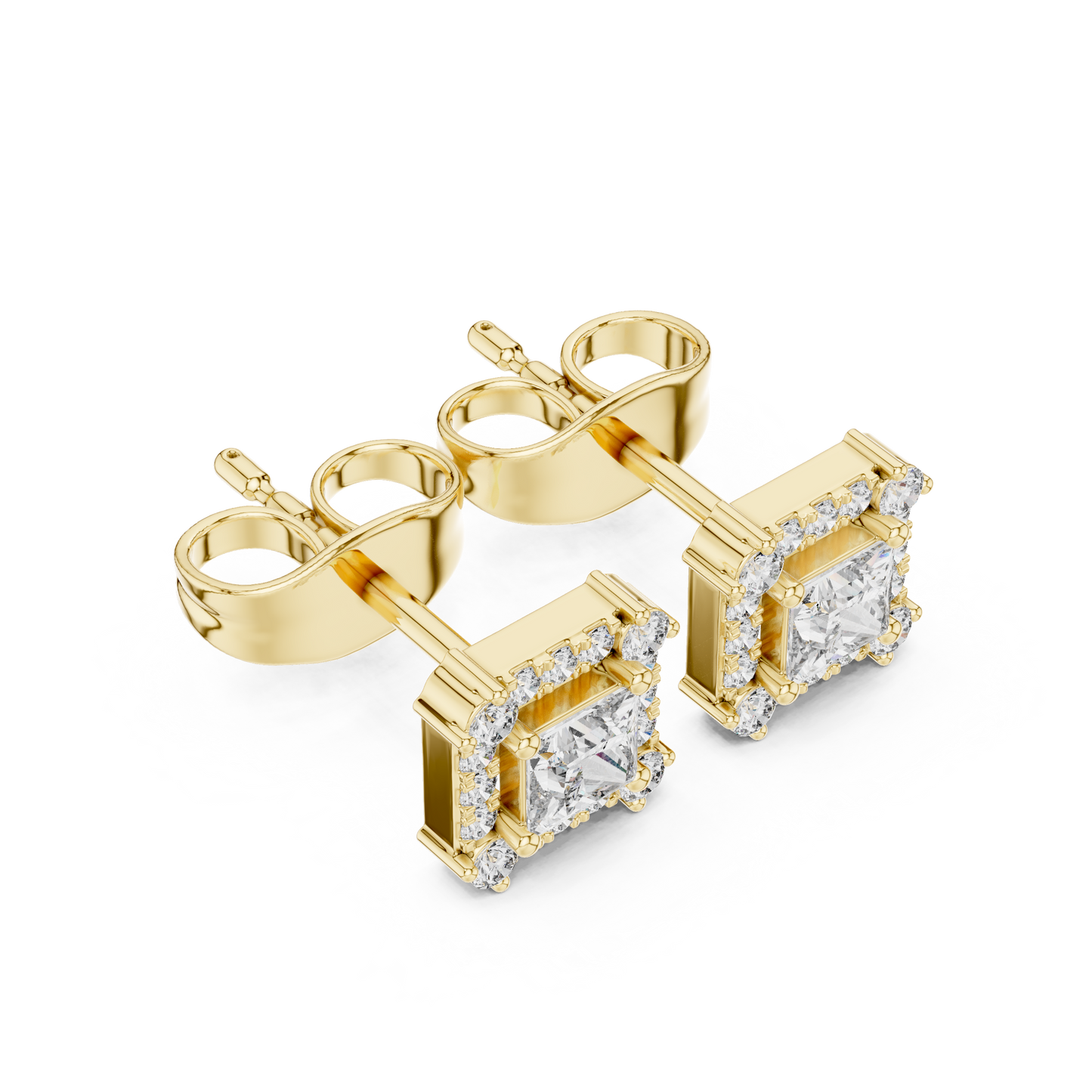 Prism Edge Princess Studs • Double Halo Square Glow • Gold Minimal Elegance