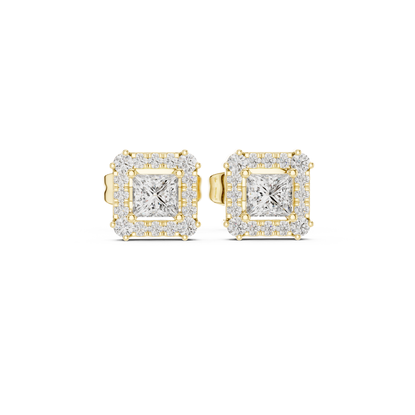 Prism Edge Princess Studs • Double Halo Square Glow • Gold Minimal Elegance