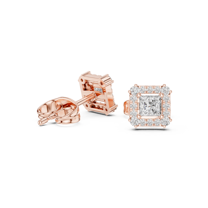 Prism Edge Princess Studs • Double Halo Square Glow • Gold Minimal Elegance