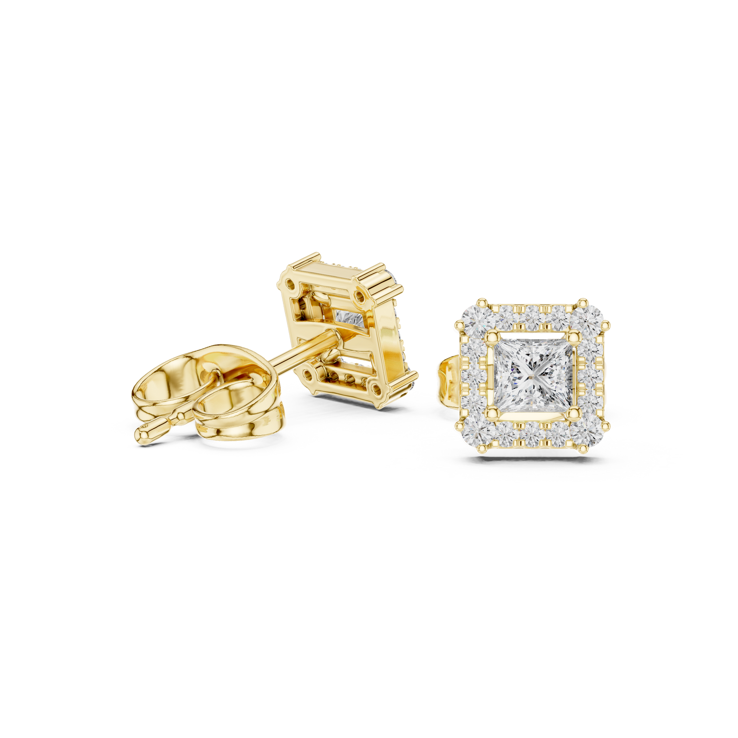 Prism Edge Princess Studs • Double Halo Square Glow • Gold Minimal Elegance