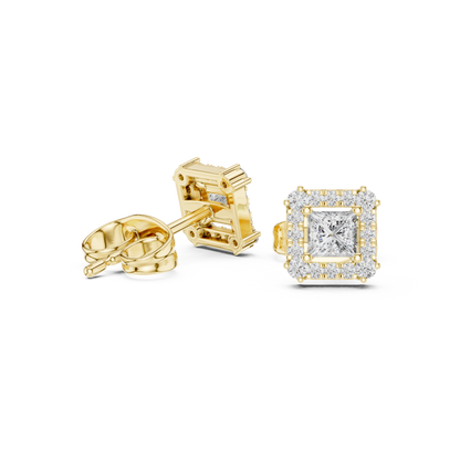 Prism Edge Princess Studs • Double Halo Square Glow • Gold Minimal Elegance