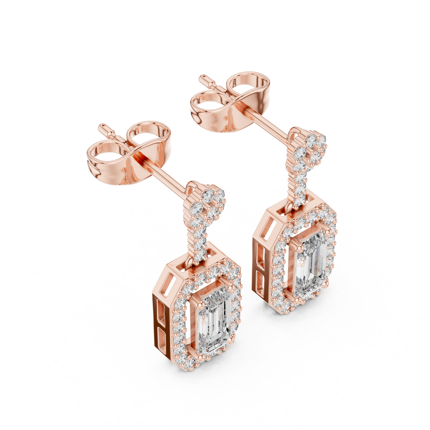 Octagon Halo Emerald Cut Earrings | Dainty Diamond Drop Stud Pair | Everyday Luxury Fine Jewelry