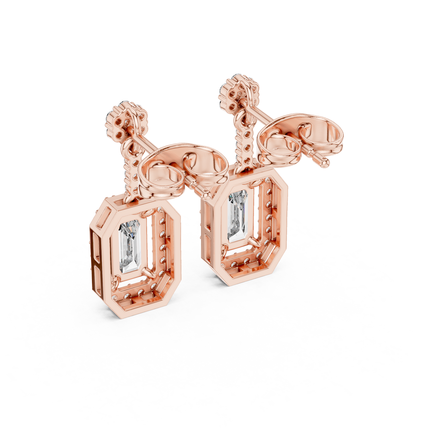 Octagon Halo Emerald Cut Earrings | Dainty Diamond Drop Stud Pair | Everyday Luxury Fine Jewelry