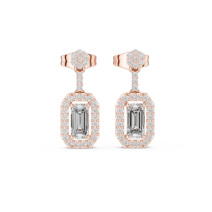 Octagon Halo Emerald Cut Earrings | Dainty Diamond Drop Stud Pair | Everyday Luxury Fine Jewelry