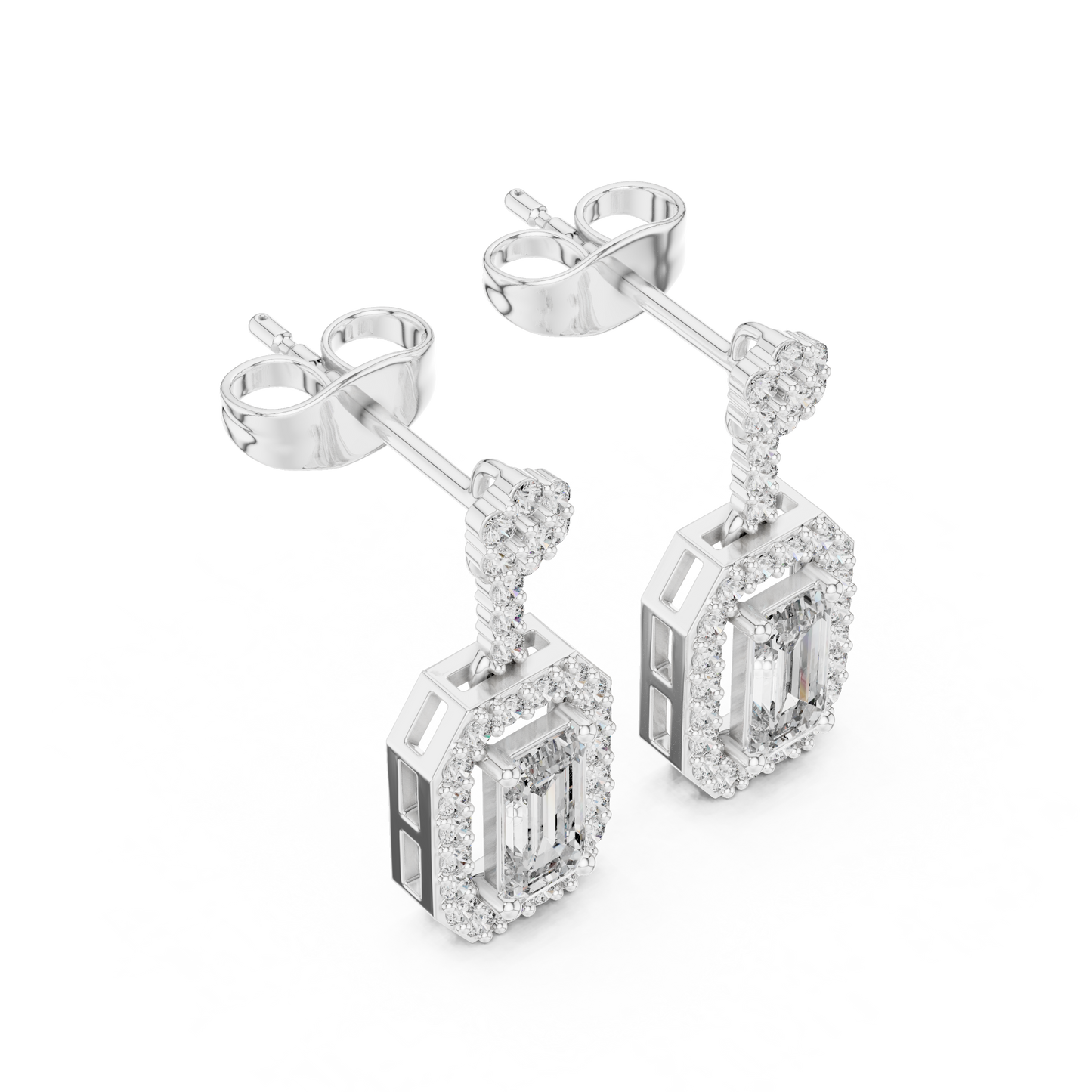 Octagon Halo Emerald Cut Earrings | Dainty Diamond Drop Stud Pair | Everyday Luxury Fine Jewelry