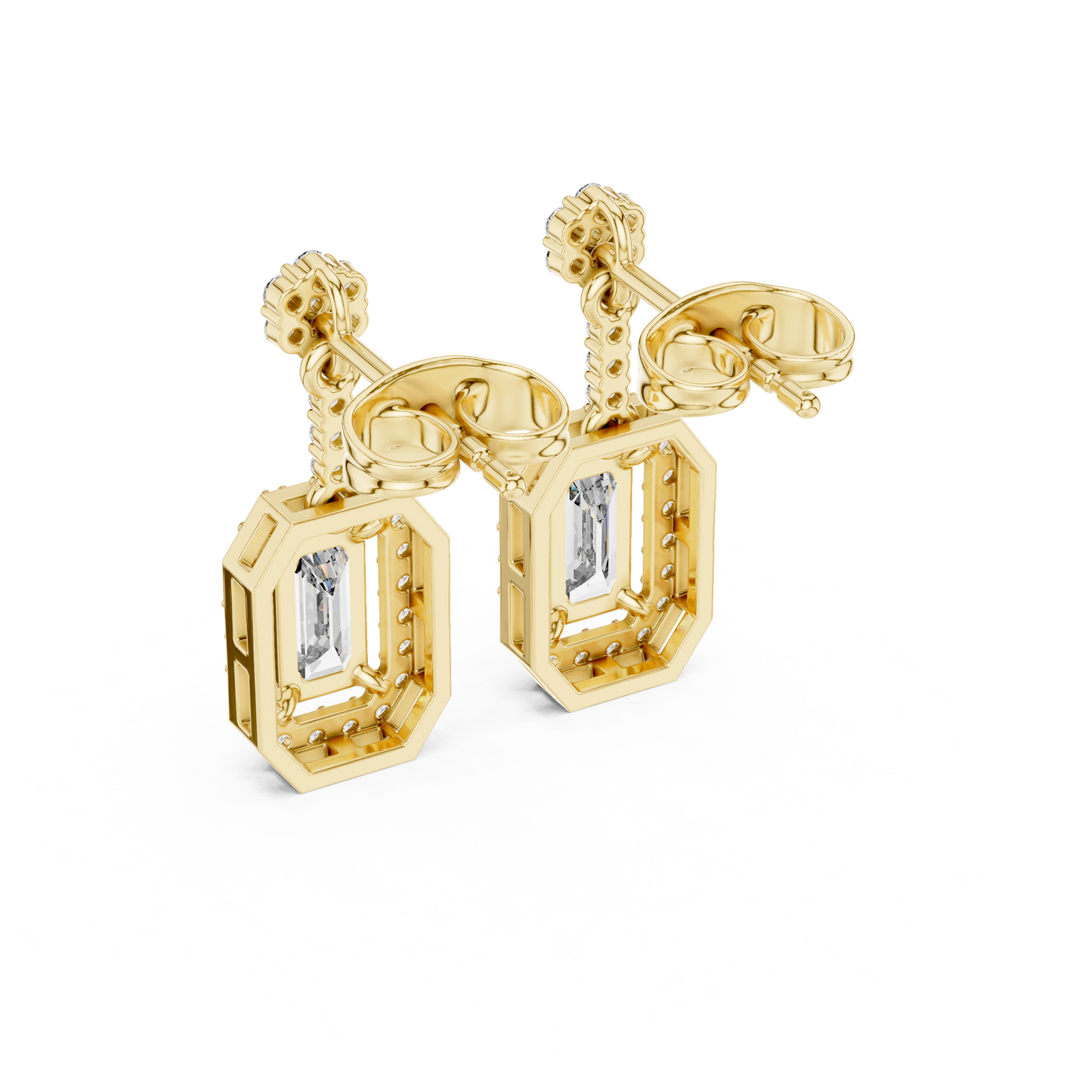 Octagon Halo Emerald Cut Earrings | Dainty Diamond Drop Stud Pair | Everyday Luxury Fine Jewelry