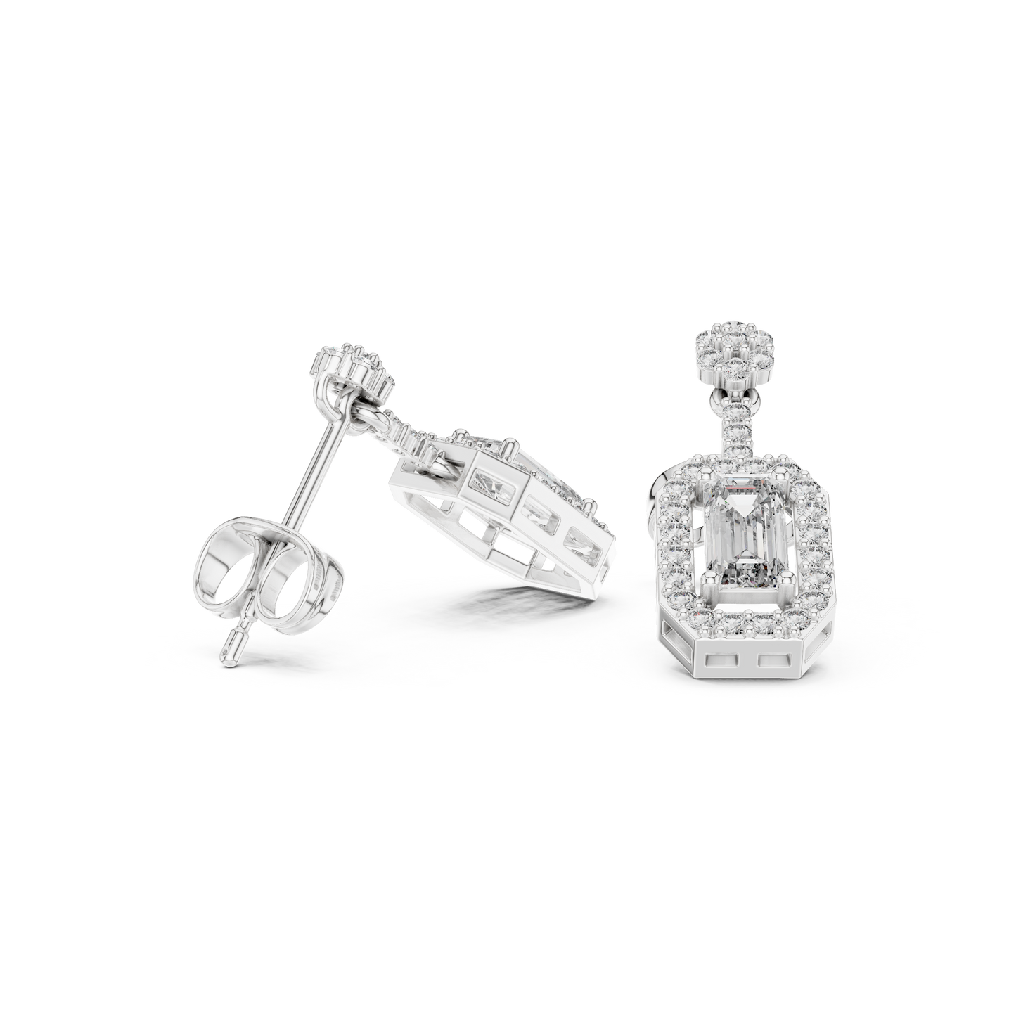 Octagon Halo Emerald Cut Earrings | Dainty Diamond Drop Stud Pair | Everyday Luxury Fine Jewelry