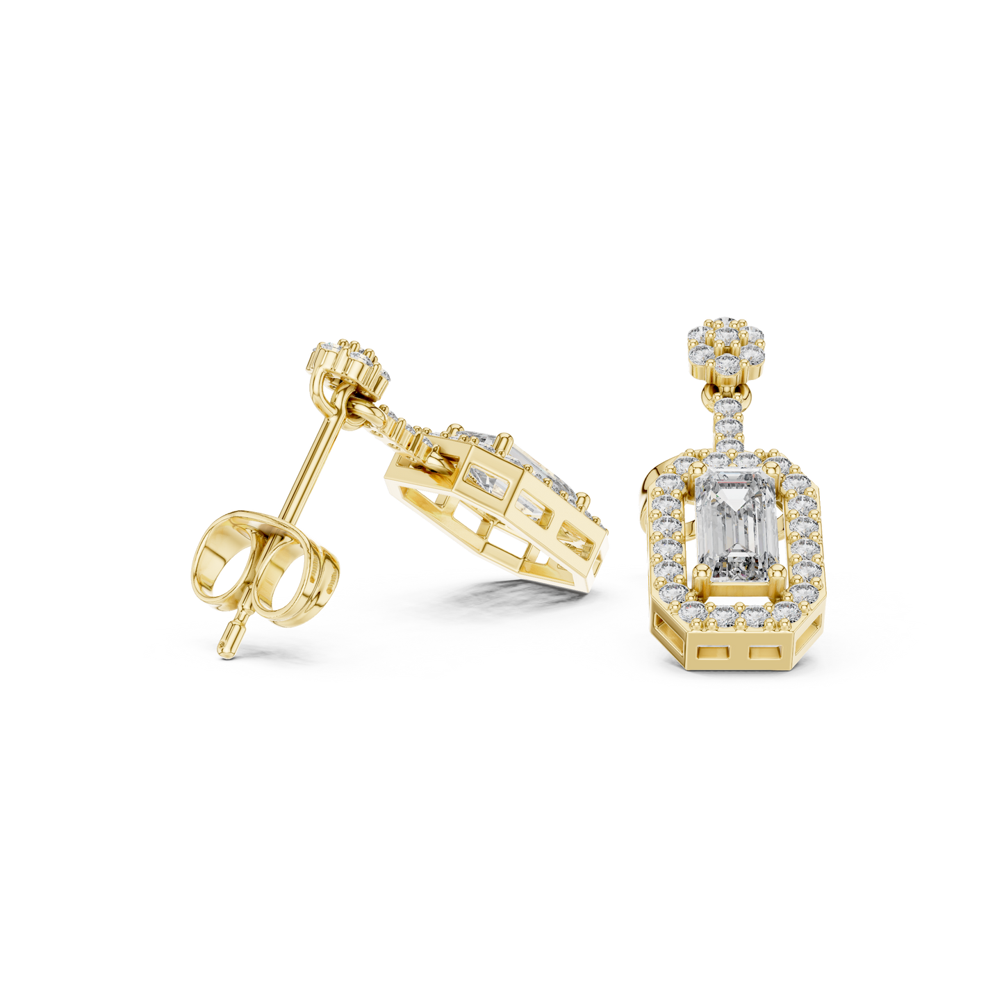 Octagon Halo Emerald Cut Earrings | Dainty Diamond Drop Stud Pair | Everyday Luxury Fine Jewelry