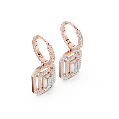 Geometric  Baguette  Cut Drop Earrings • Sparkling Halo Huggies • 1920s Deco Inspired Diamond Dangles