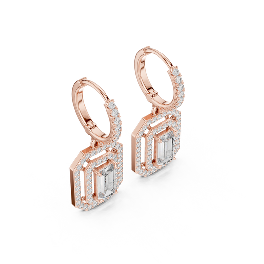 Geometric  Baguette  Cut Drop Earrings • Sparkling Halo Huggies • 1920s Deco Inspired Diamond Dangles