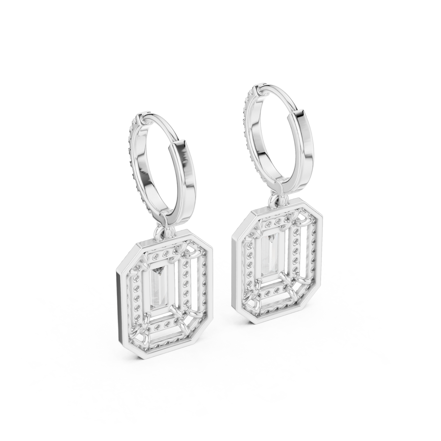 Geometric  Baguette  Cut Drop Earrings • Sparkling Halo Huggies • 1920s Deco Inspired Diamond Dangles