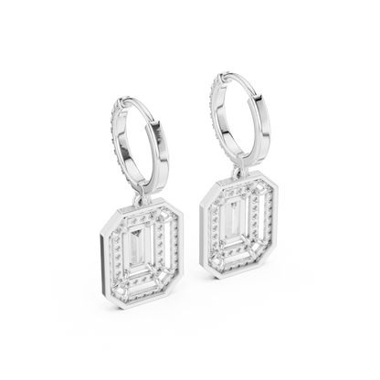 Geometric  Baguette  Cut Drop Earrings • Sparkling Halo Huggies • 1920s Deco Inspired Diamond Dangles