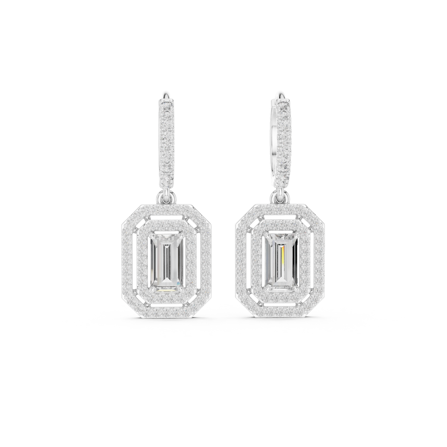 Geometric  Baguette  Cut Drop Earrings • Sparkling Halo Huggies • 1920s Deco Inspired Diamond Dangles