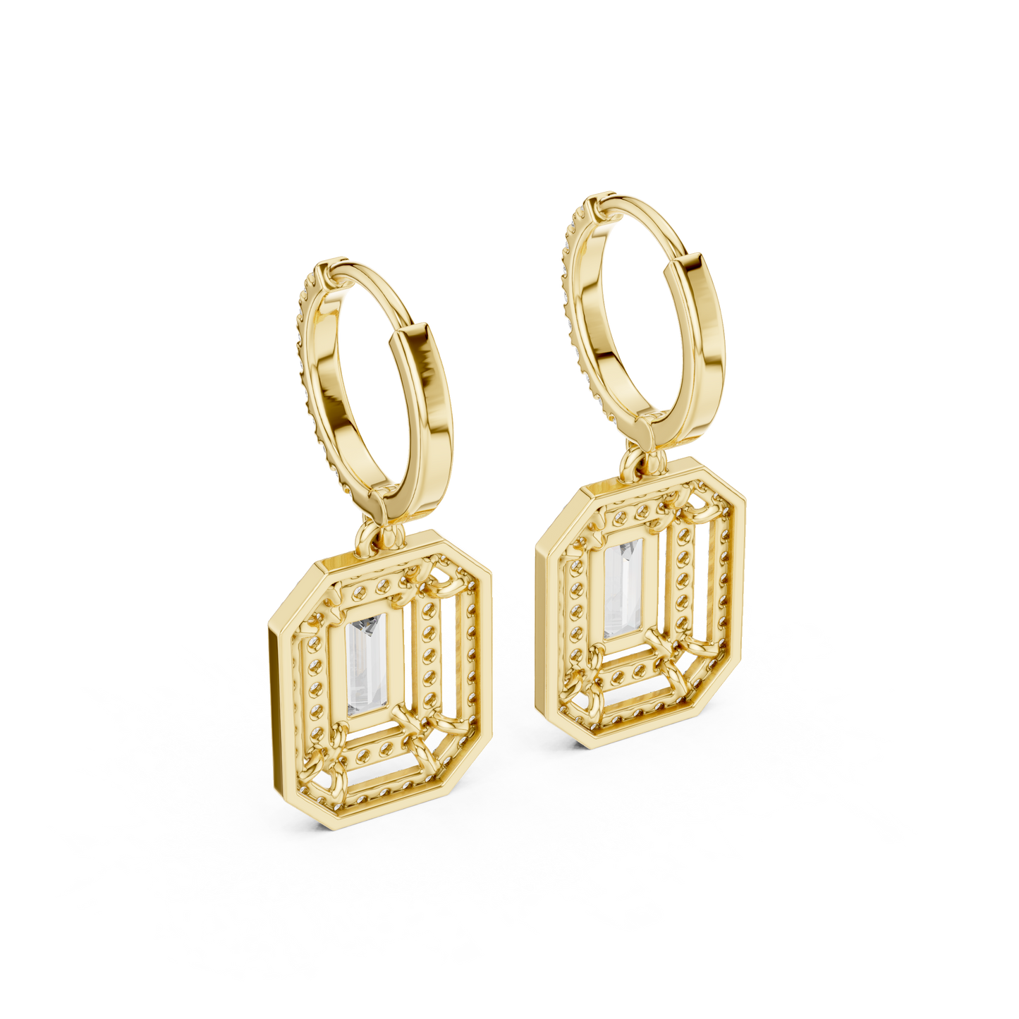 Geometric  Baguette  Cut Drop Earrings • Sparkling Halo Huggies • 1920s Deco Inspired Diamond Dangles